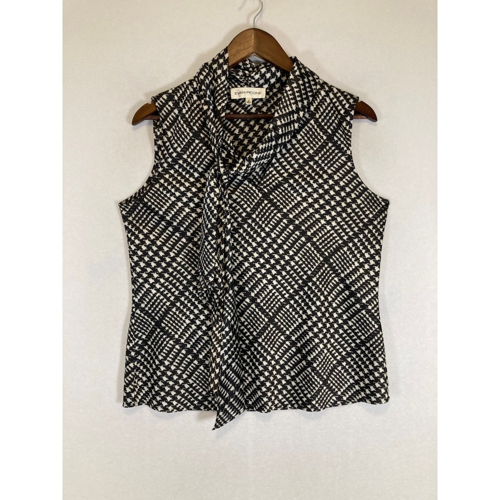 Officecore Evan-Picone Womens 8 Black White Geometric Tie Neck Sleeveless Blouse